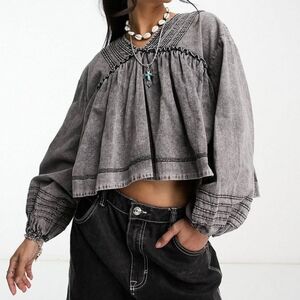 Free People Charlotte Denim Blouse Small Grey Babydoll Oversized Bohemian